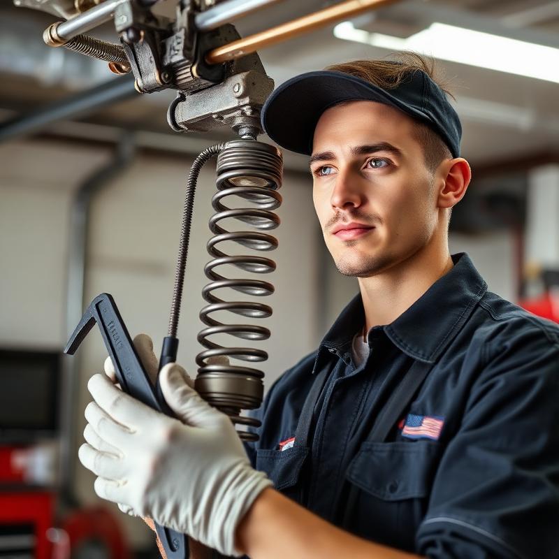 Skilled garage door technician working on spring tension adjustment
