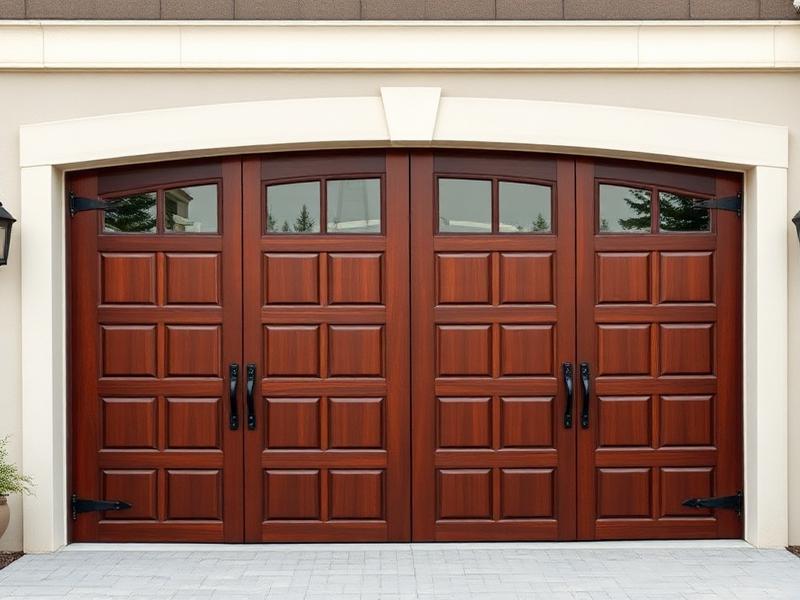 Beautiful carriage-style mahogany garage door installation with decorative hardware