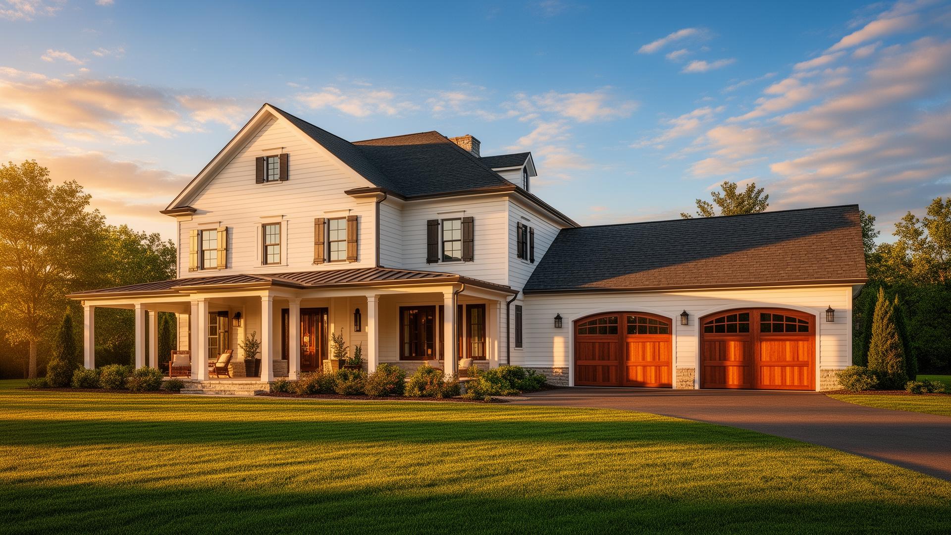 Beautiful farmhouse with elegant mahogany wood garage doors featuring arched windows